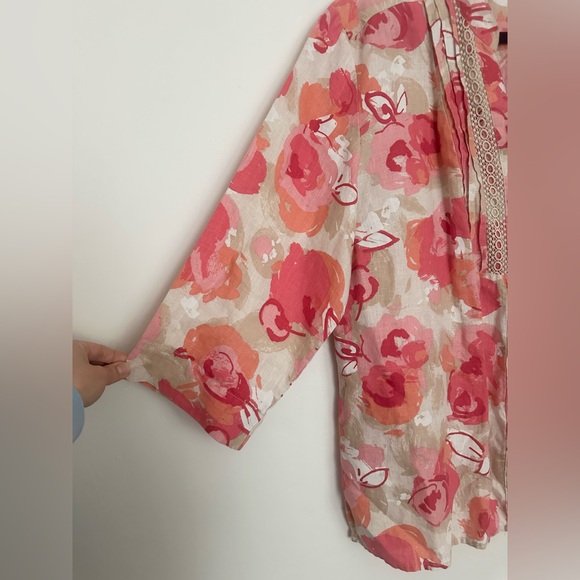 JM Collection 100% Linen Shirt Top Pink Tan Floral Embroidered Button Front - Picture 5 of 5